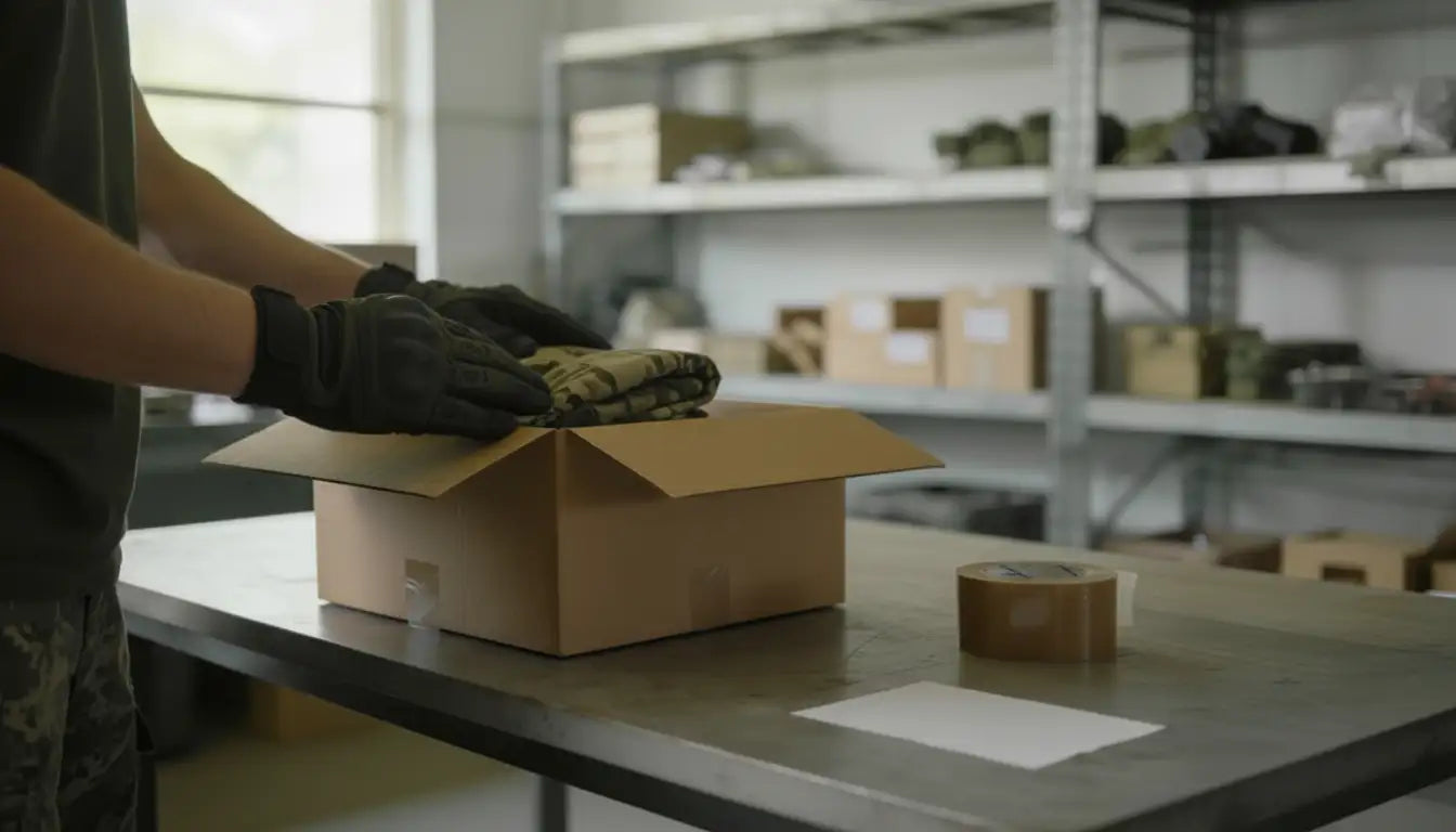 Un article en tissu à motifs camouflage replié, manipulé dans une boîte en carton.