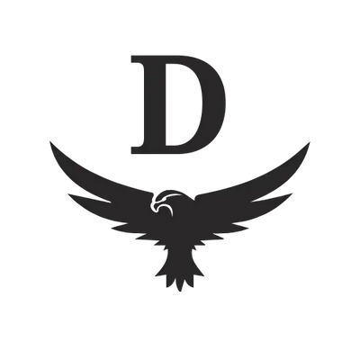 Logo gris foncé avec une lettre stylisée « d » au-dessus d’un aigle aux ailes déployées.