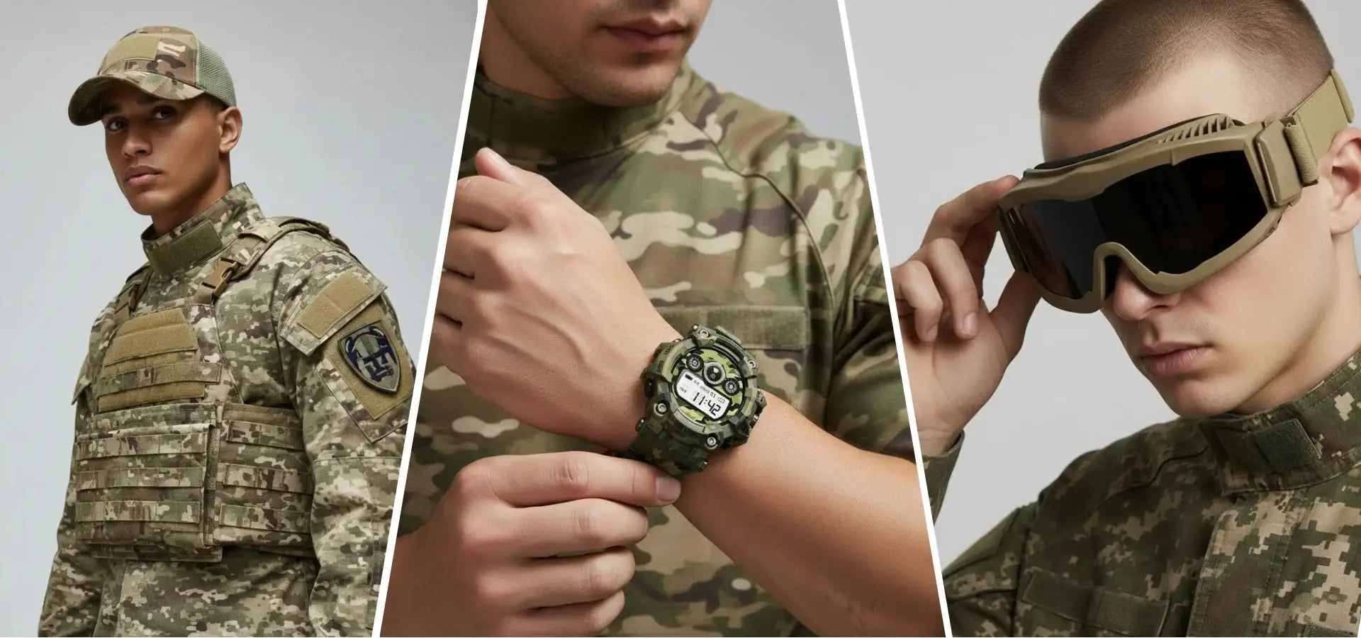 Montre numérique à motif camouflage, boîtier robuste vert olive et cadran noir