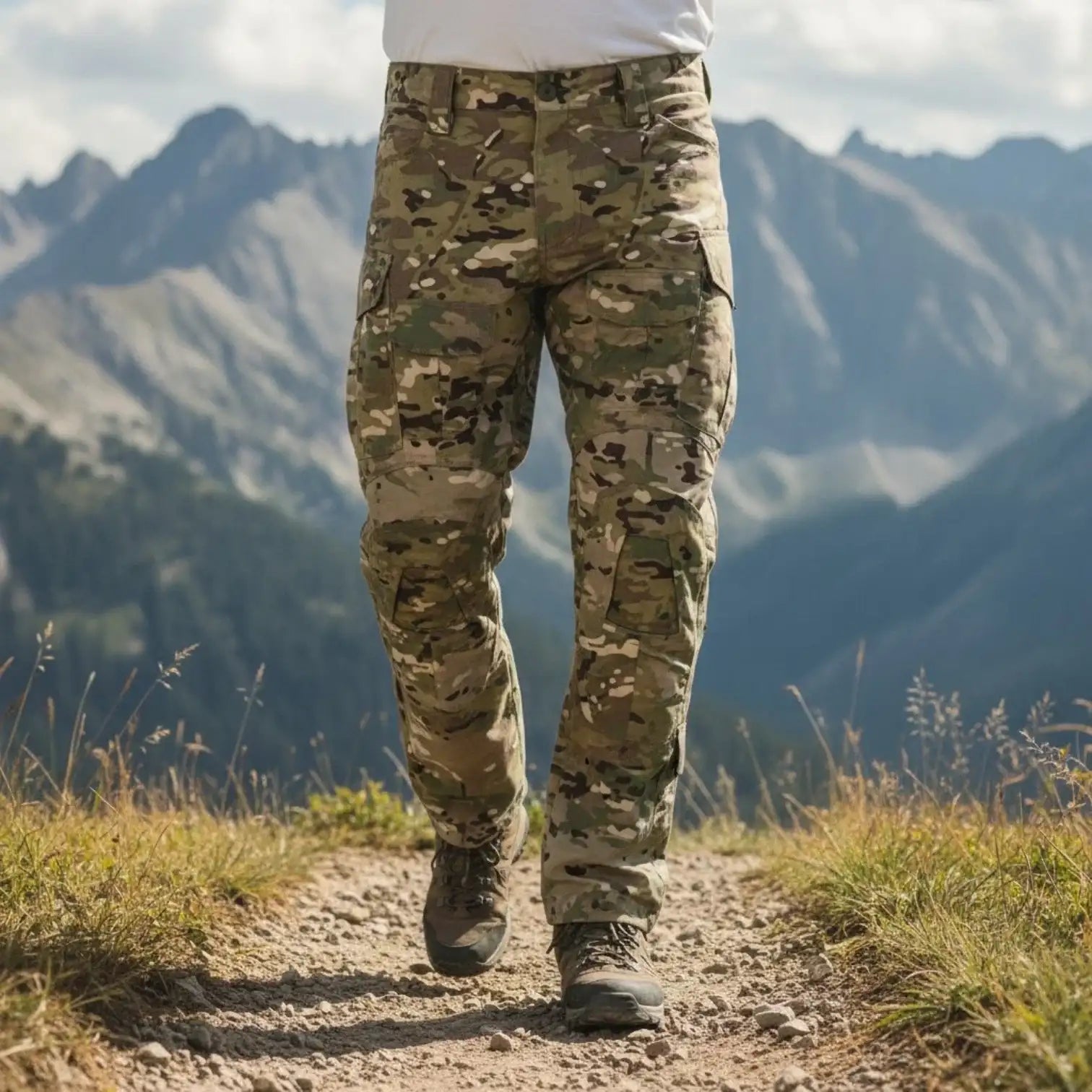 Des pantalons tactiques à motif camouflage avec plusieurs poches cargo, portés par quelqu’un qui fait une randonnée sur un sentier de montagne.