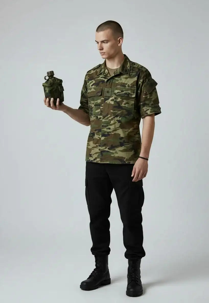 Gourde militaire vert olive avec une surface texturée et robuste et un bouchon renforcé