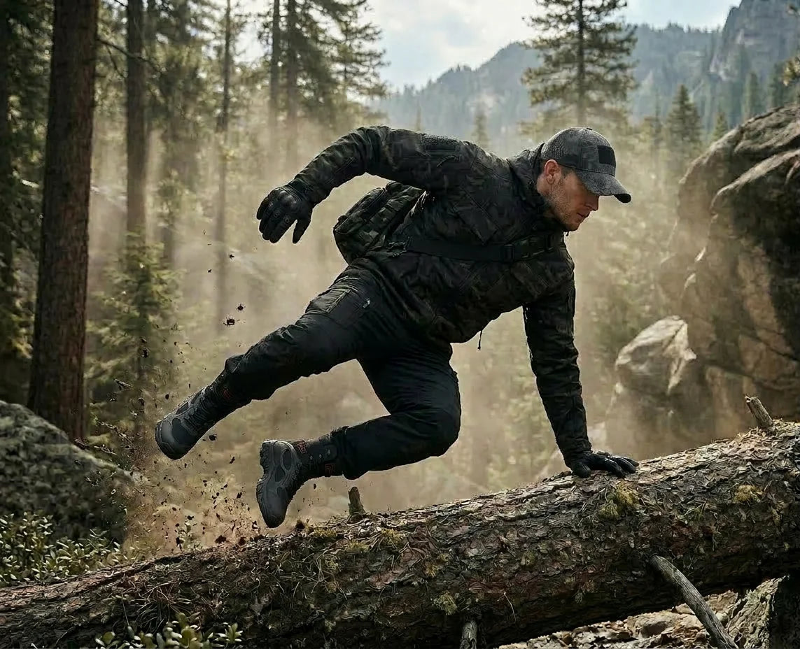 Homme en tenue militaire tactique complète sautant par-dessus un tronc en forêt
