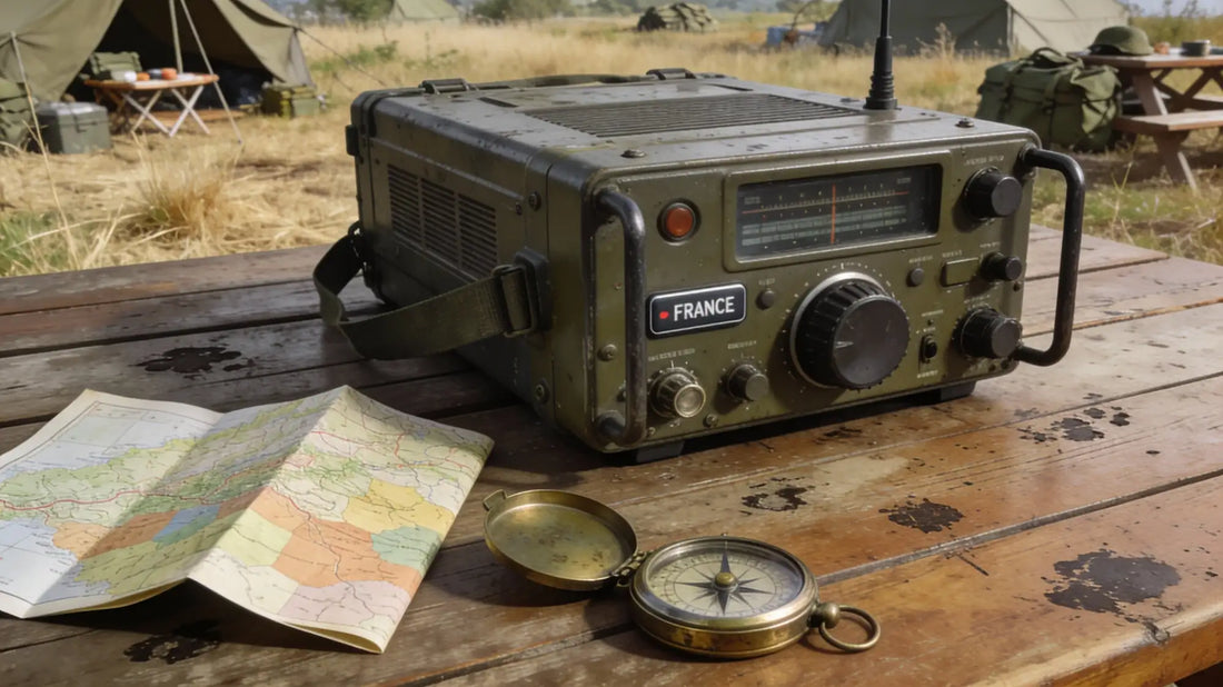 Radio militaire vert-de-gris avec étiquette « France » et boîtier métallique robuste.