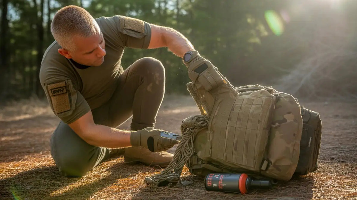 Sac à dos tactique tan avec sangles modulaires et un motif camouflage, doté d’une conception robuste adaptée à un usage en extérieur ou à des fins militaires.