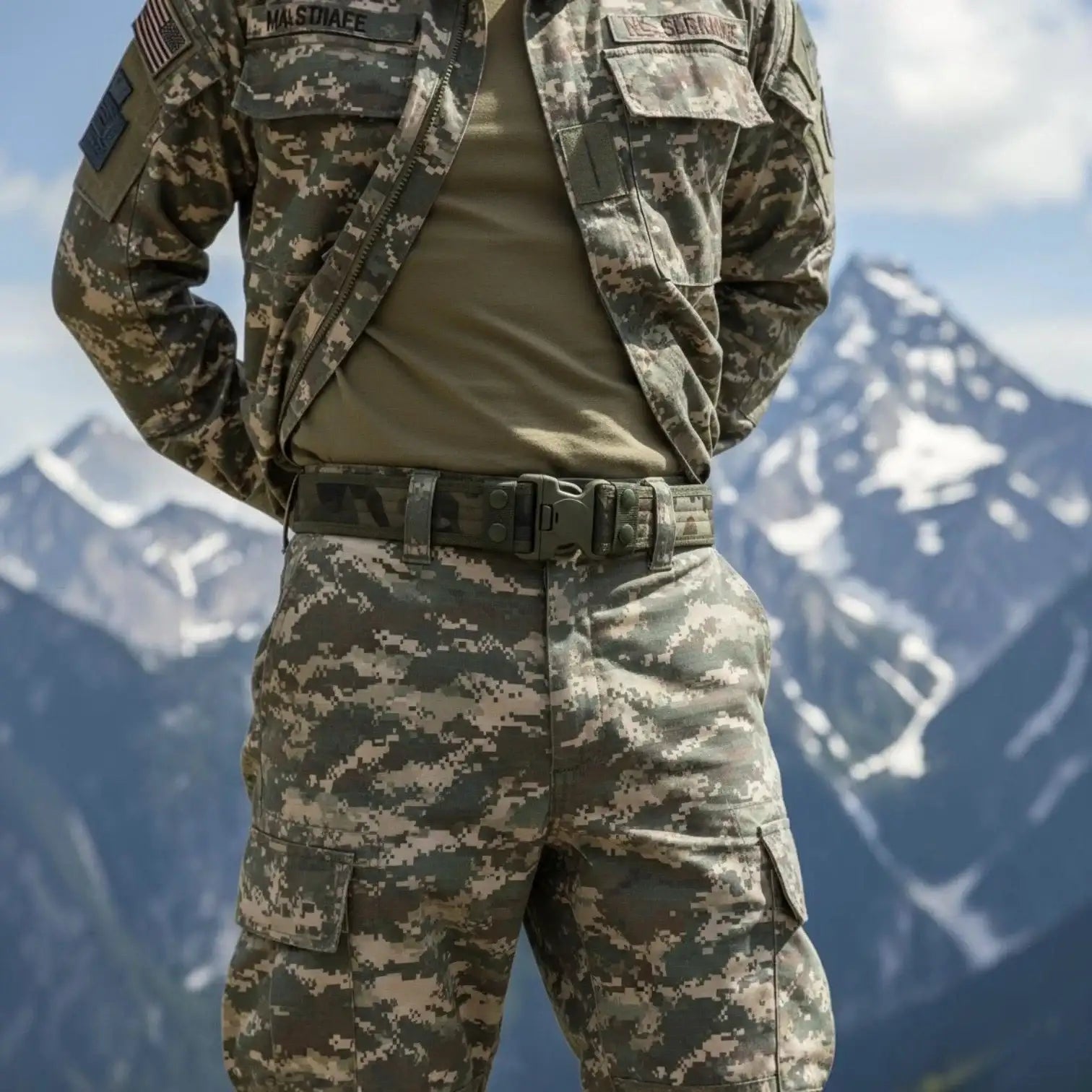 Tenue camouflage réglementaire à motif numérisé en pixels, dans des tons de vert, de brun et de beige.